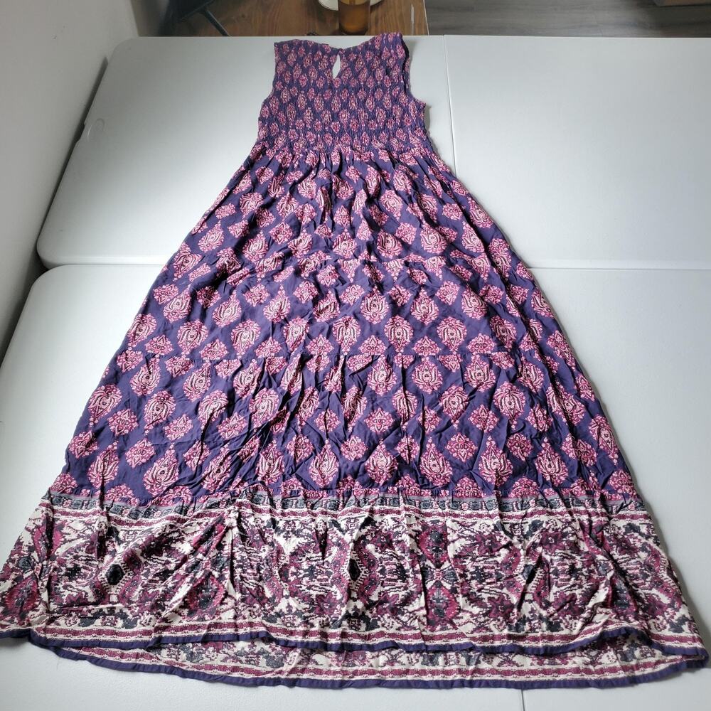 Lucky Brand Maxi Dress Womens Medium Purple Paisley Boho Smocked Fairy Sundress